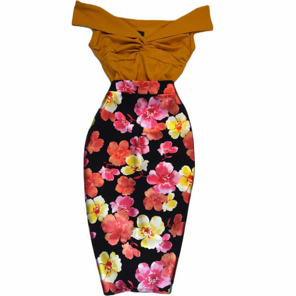 Strapless Blouse With Knot And Floral Pencil Skirt Set